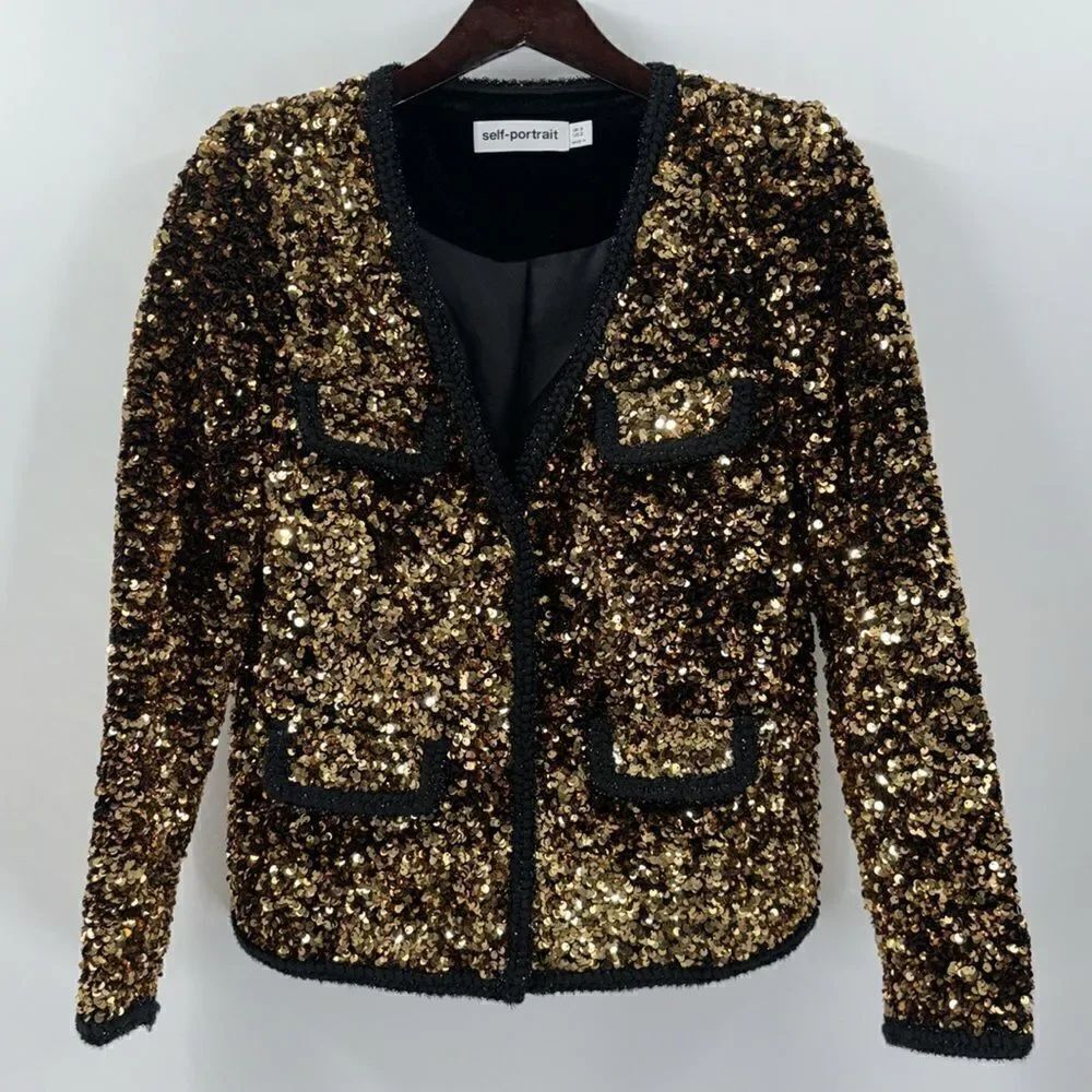 Self-Portrait Gold Sequined Jacket Blazer Size 2